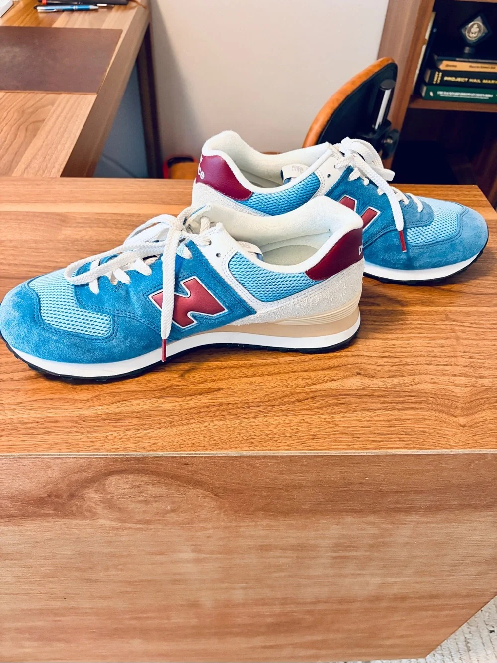 New Balance Blue Suede & Mesh Athletic Sneakers with Maroon Accents